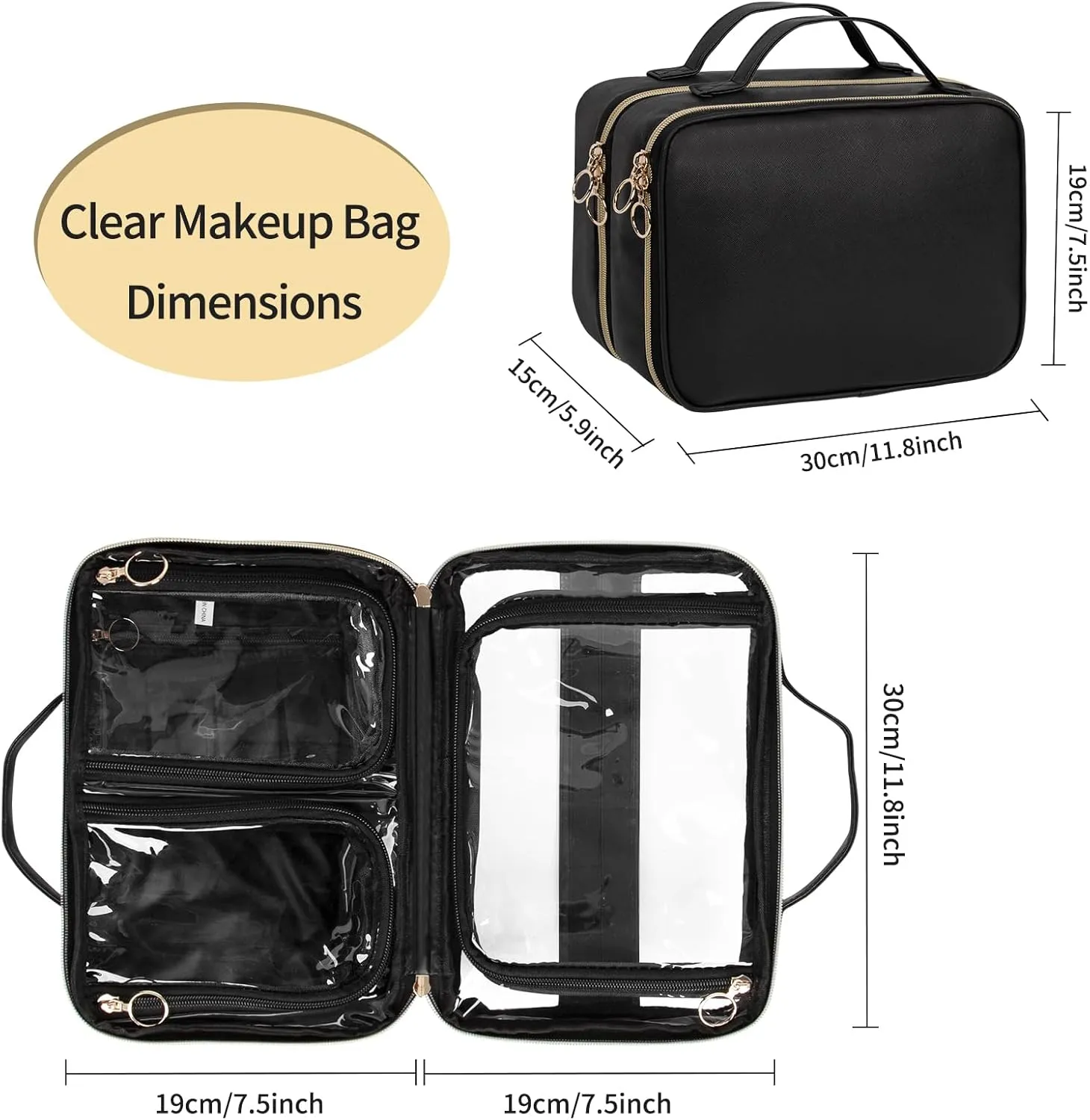 OCHEAL Makeup Bag Organizer, Double Layer Cosmetic Bag, Large Capacity Travel Toiletry Bag for Women Beauty Essentials, Multiple Compartments Makeup Case Organizer Zipper Pouch - Black