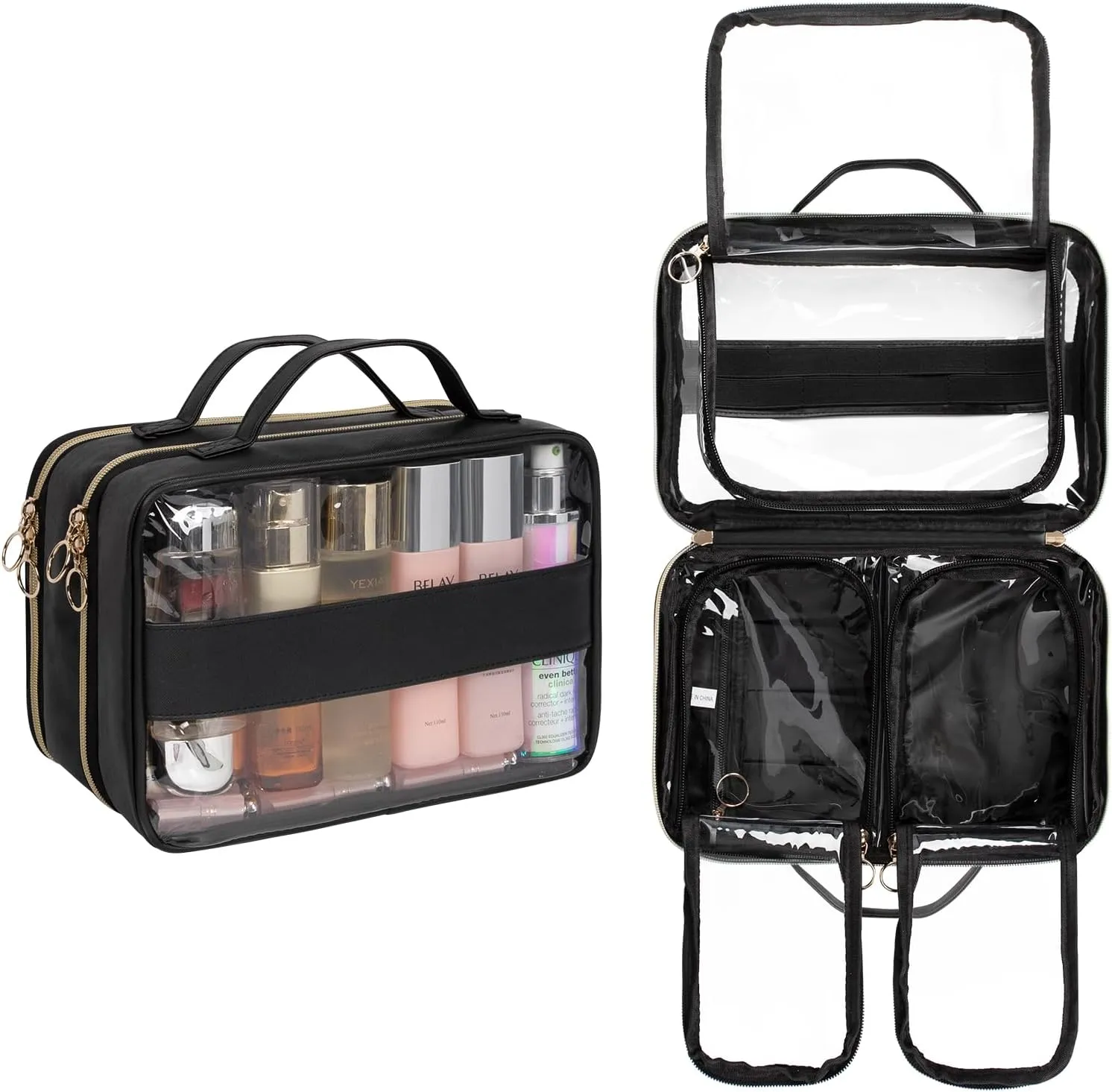 OCHEAL Makeup Bag Organizer, Double Layer Cosmetic Bag, Large Capacity Travel Toiletry Bag for Women Beauty Essentials, Multiple Compartments Makeup Case Organizer Zipper Pouch - Black