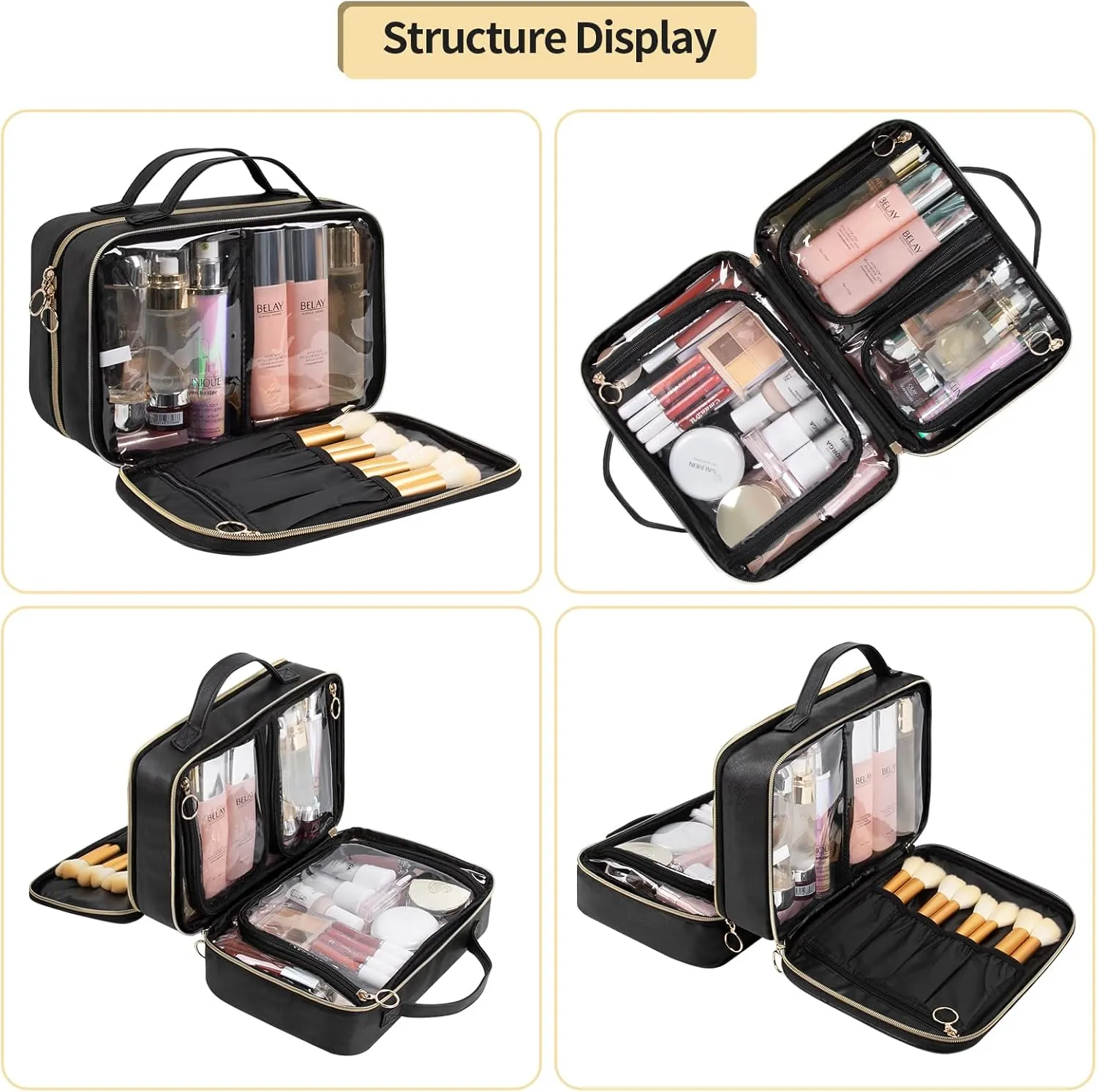 OCHEAL Makeup Bag Organizer, Double Layer Cosmetic Bag, Large Capacity Travel Toiletry Bag for Women Beauty Essentials, Multiple Compartments Makeup Case Organizer Zipper Pouch - Black