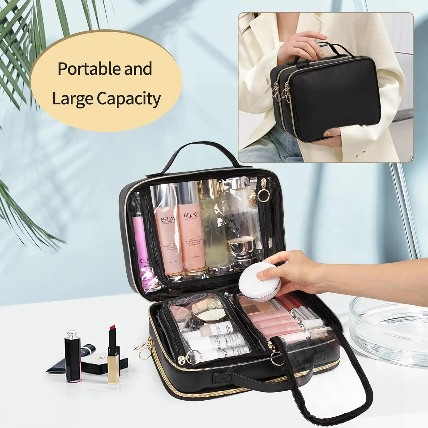 OCHEAL Makeup Bag Organizer, Double Layer Cosmetic Bag, Large Capacity Travel Toiletry Bag for Women Beauty Essentials, Multiple Compartments Makeup Case Organizer Zipper Pouch - Black