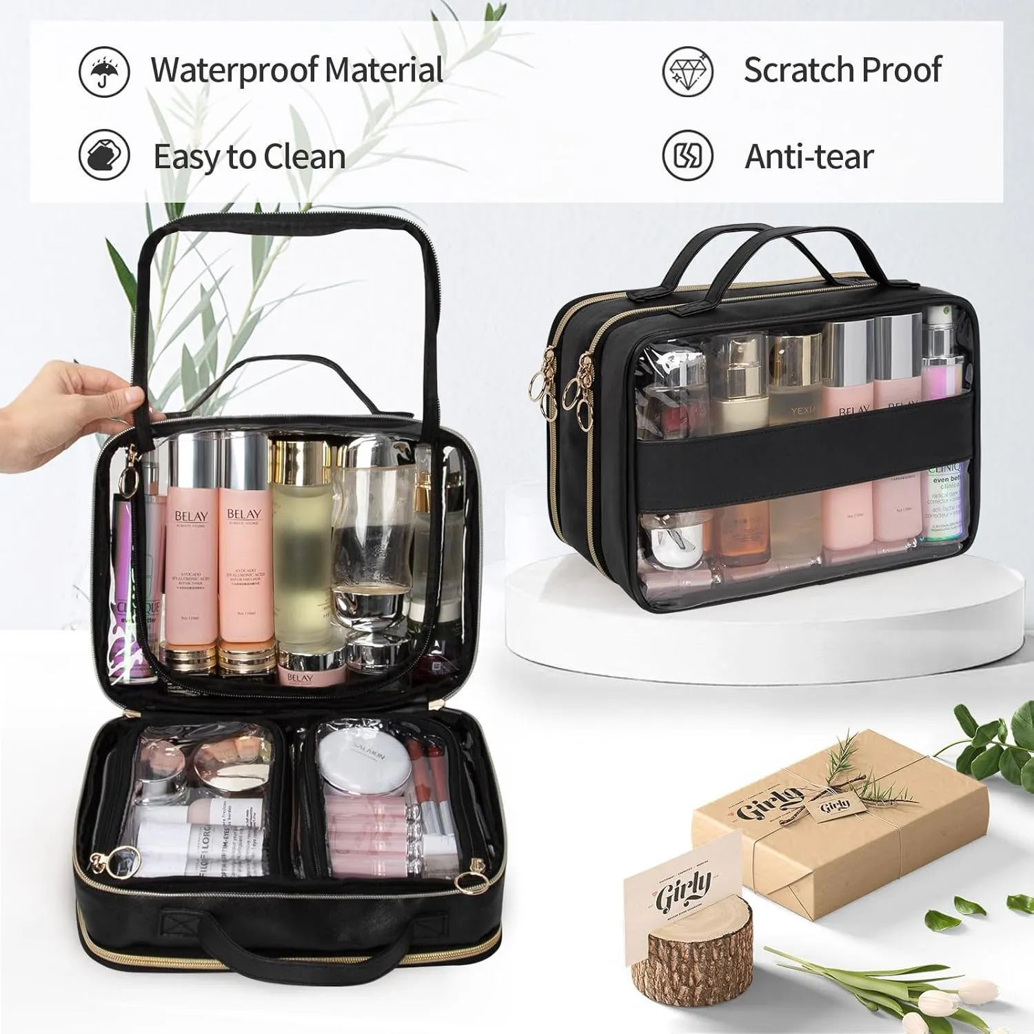 OCHEAL Makeup Bag Organizer, Double Layer Cosmetic Bag, Large Capacity Travel Toiletry Bag for Women Beauty Essentials, Multiple Compartments Makeup Case Organizer Zipper Pouch - Black