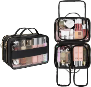 OCHEAL Makeup Bag Organizer, Double Layer Cosmetic Bag, Large Capacity Travel Toiletry Bag for Women Beauty Essentials, Multiple Compartments Makeup Case Organizer Zipper Pouch - Black