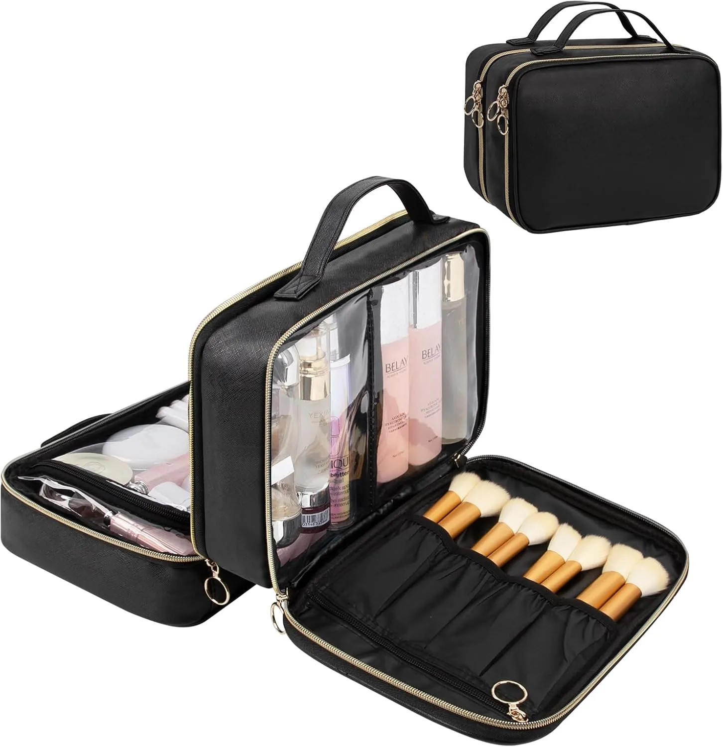 OCHEAL Makeup Bag Organizer, Double Layer Cosmetic Bag, Large Capacity Travel Toiletry Bag for Women Beauty Essentials, Multiple Compartments Makeup Case Organizer Zipper Pouch - Black