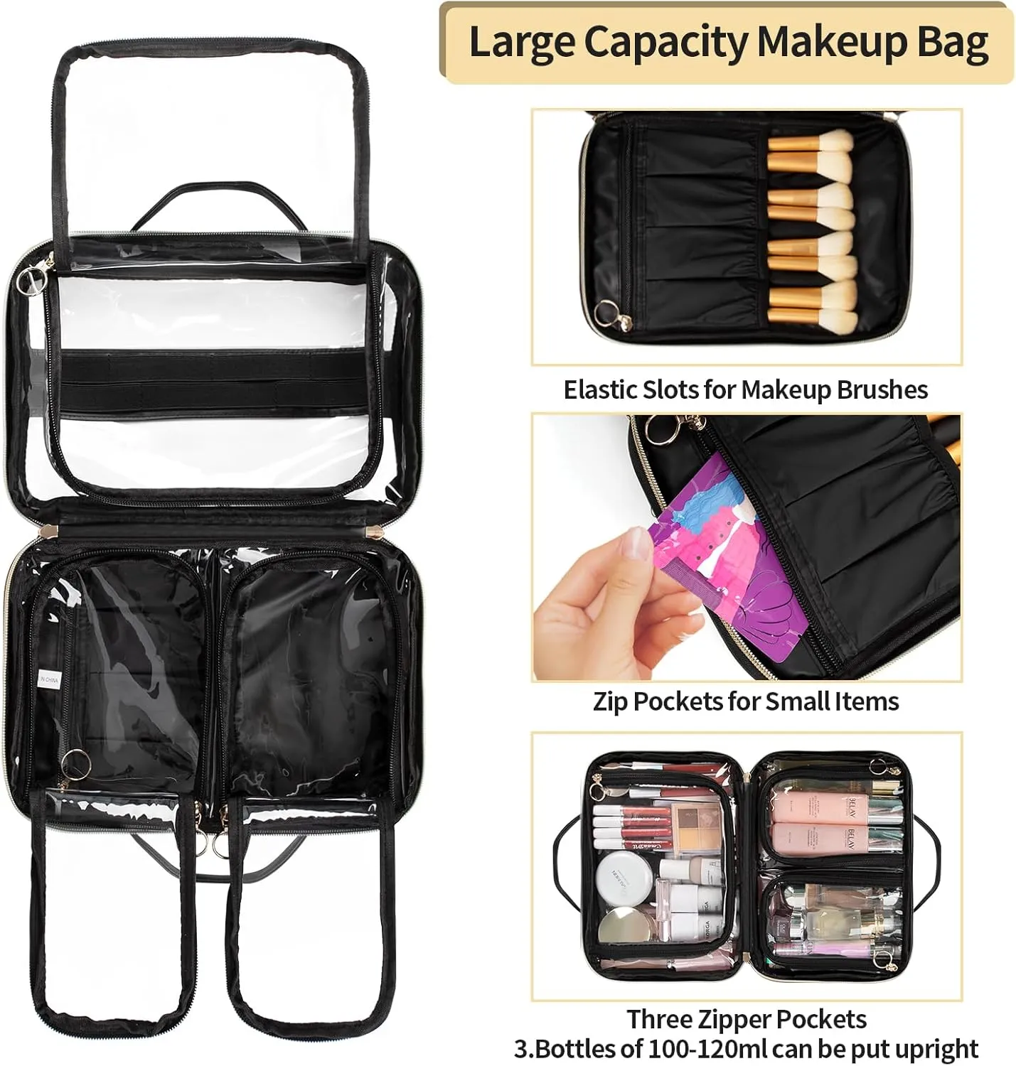OCHEAL Makeup Bag Organizer, Double Layer Cosmetic Bag, Large Capacity Travel Toiletry Bag for Women Beauty Essentials, Multiple Compartments Makeup Case Organizer Zipper Pouch - Black