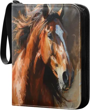 Oil Painting Horse Card Binder 4-Pocket, 400 Pockets Trading Cards Holder Games Card Albums Storage Organizer Case for Football, Baseball Cards