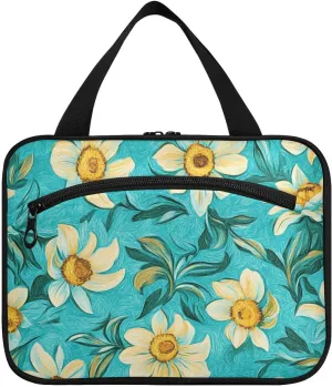 Oil Painting with White Daisies hanging toiletries travel bag women with hook, designer essentials cosmetic bag for travel make up backpacking cartera para maquillaje L
