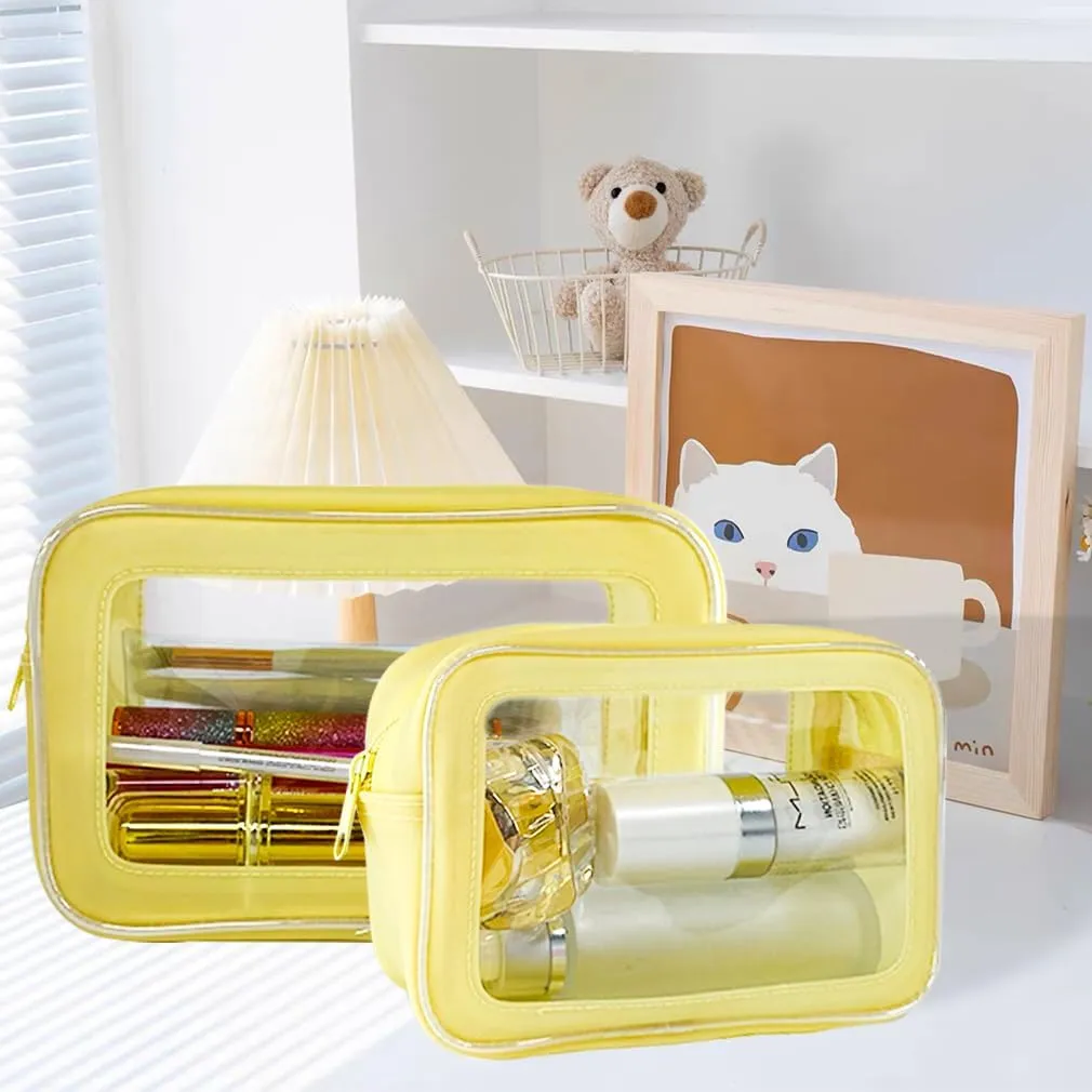 ONEART Yellow Clear Makeup Toiletry Bag, 2Pcs Multipurpose Carry-on Travel Cosmetic Pouch Transparent Storage Bag