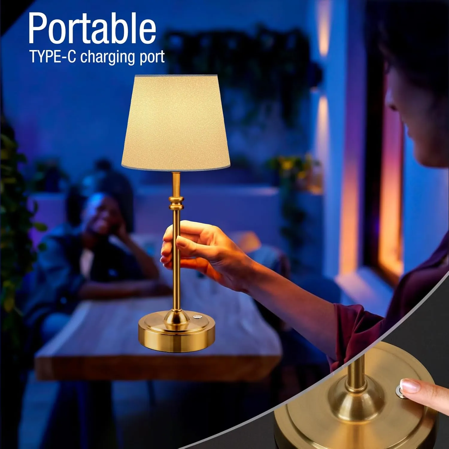 ONEWISH Cordless Lamp-Battery Operated Table lamp, 4000mAh Rechargeable, Stepless Dimmable, Small Touch Bedside Lamp with Fabric Shade, for Dining, Patio, Bathroom(Gold)