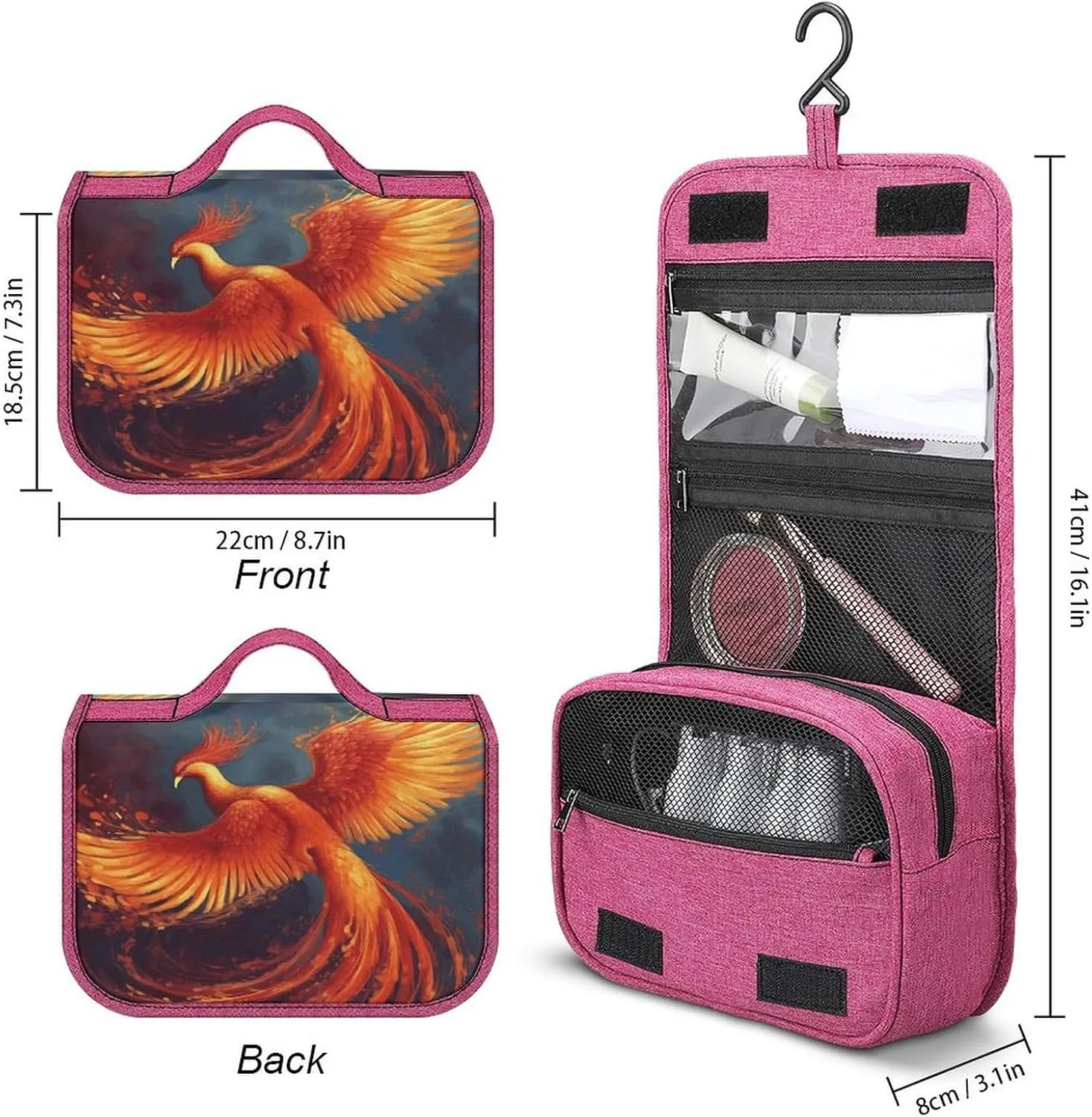 Orange Red Phoenix Travel Toiletry Bag for Women,Hanging Toiletry Organizer with Hook, Makeup Bag Travel Organizer for Shampoo,Toiletriesl