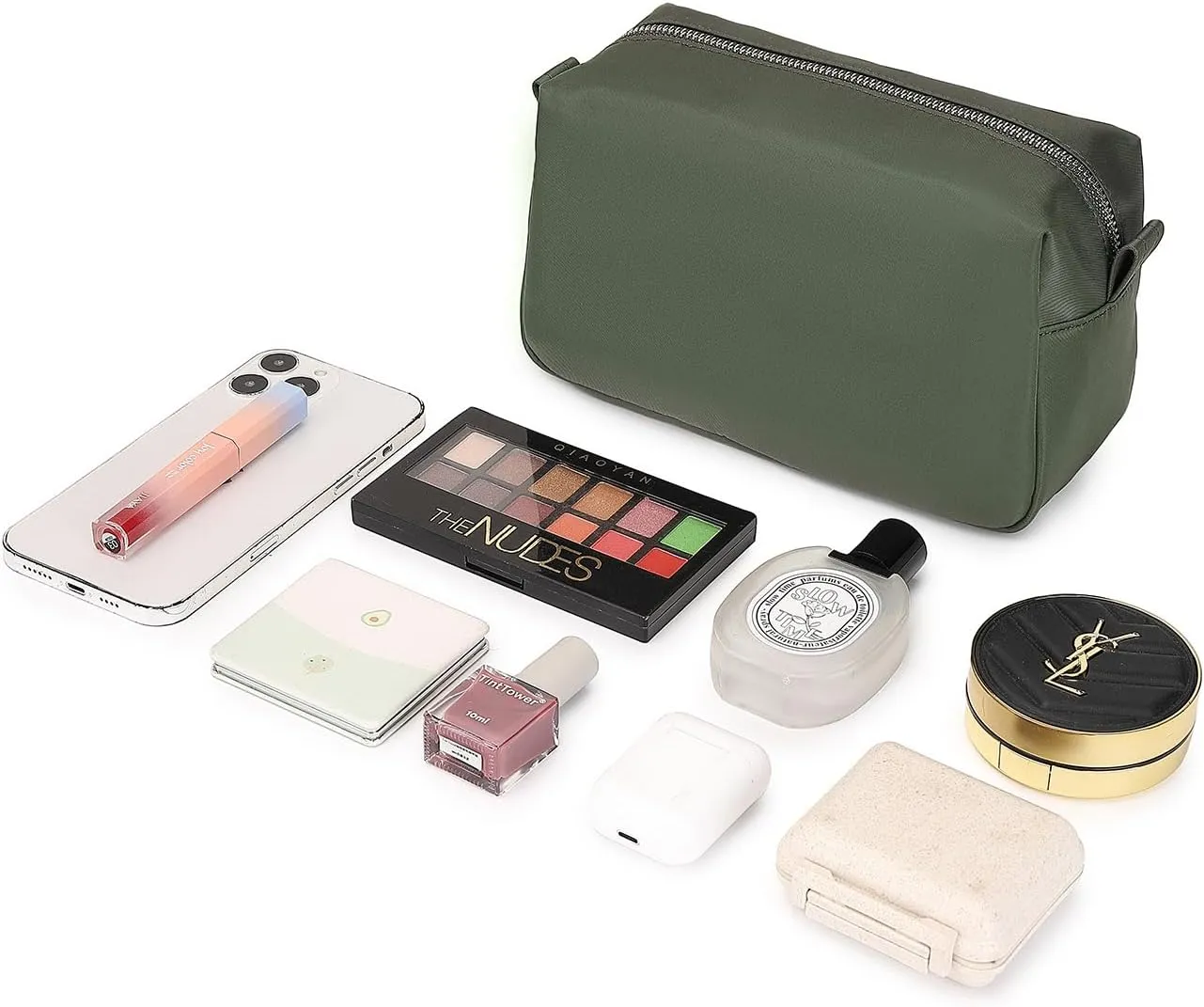 Organizer Bag Lightweight Cosmetic Bag with Ring Clasp Perfect Travel Makeup Bag for Women nylon Stand Up Design (Army Green/Nylon)