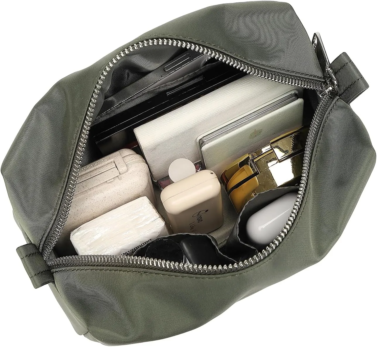 Organizer Bag Lightweight Cosmetic Bag with Ring Clasp Perfect Travel Makeup Bag for Women nylon Stand Up Design (Army Green/Nylon)