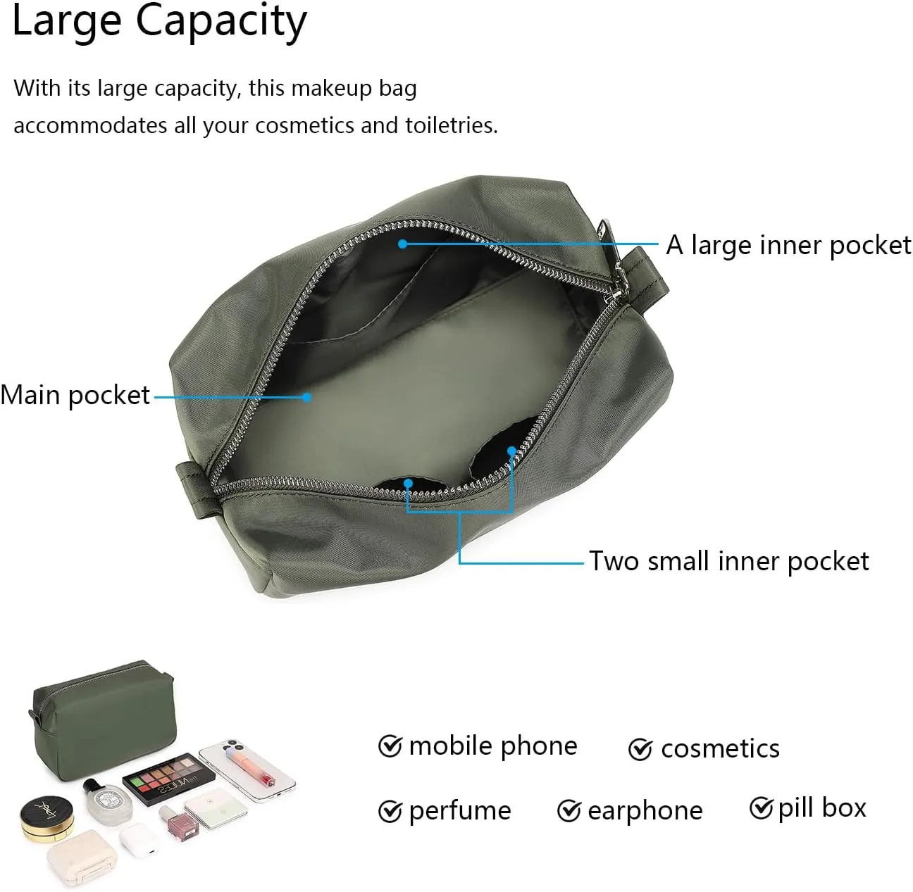 Organizer Bag Lightweight Cosmetic Bag with Ring Clasp Perfect Travel Makeup Bag for Women nylon Stand Up Design (Army Green/Nylon)