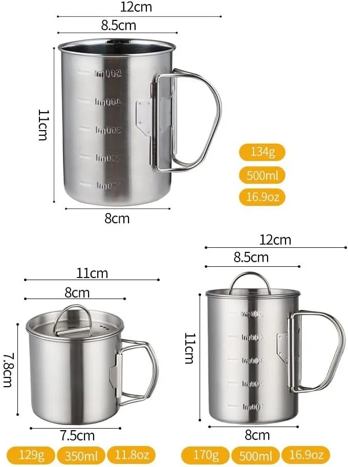 Outdoor camping stainless steel cup camping tableware water cup mountaineering folding cup(350ml lid)