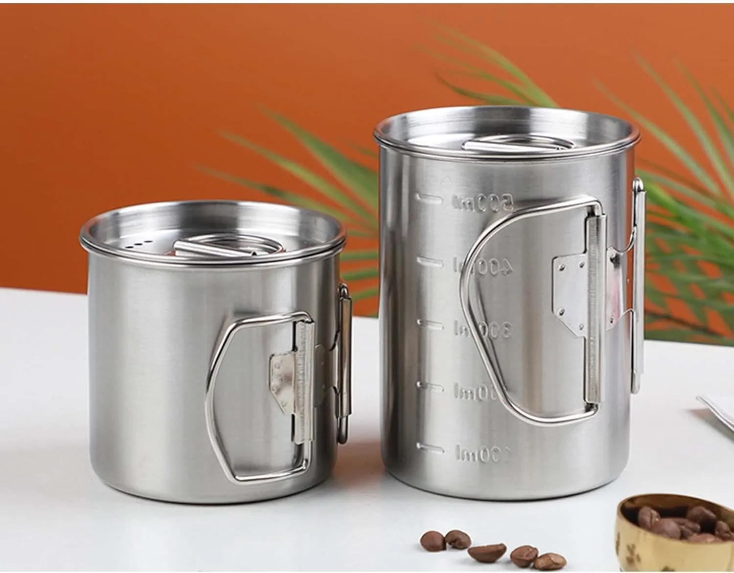 Outdoor camping stainless steel cup camping tableware water cup mountaineering folding cup(350ml lid)