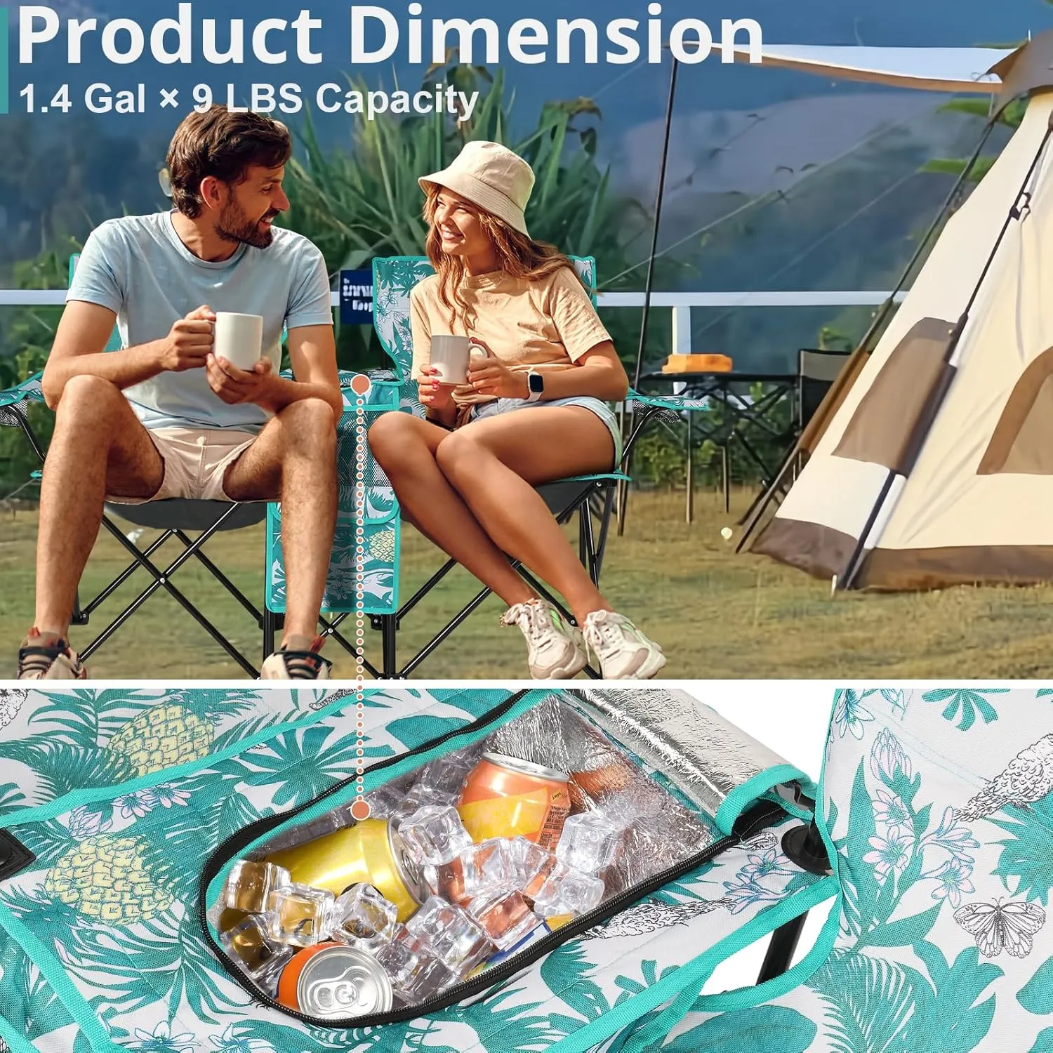 Outvita Folding Double Camping Chair w/Umbrella Beverage Holder Carrying Bag Cooler Fold Up Table, Large Bearing Capacity for Beach Patio Pool Park Outdoor Coconut Tree Pattern