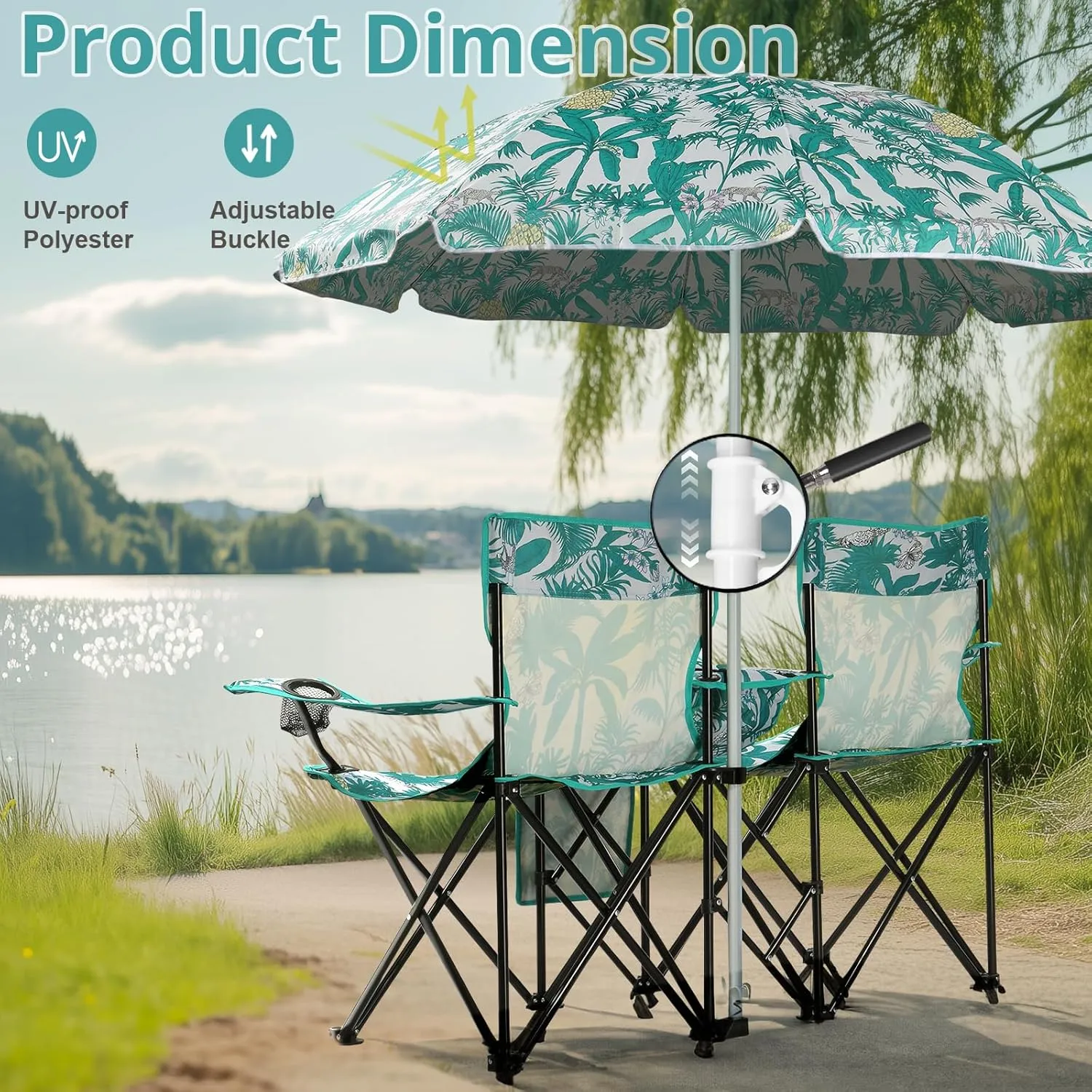 Outvita Folding Double Camping Chair w/Umbrella Beverage Holder Carrying Bag Cooler Fold Up Table, Large Bearing Capacity for Beach Patio Pool Park Outdoor Coconut Tree Pattern