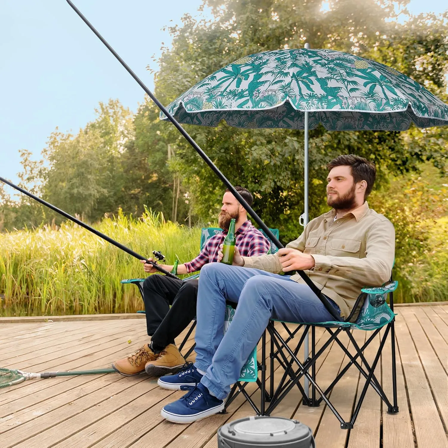 Outvita Folding Double Camping Chair w/Umbrella Beverage Holder Carrying Bag Cooler Fold Up Table, Large Bearing Capacity for Beach Patio Pool Park Outdoor Coconut Tree Pattern