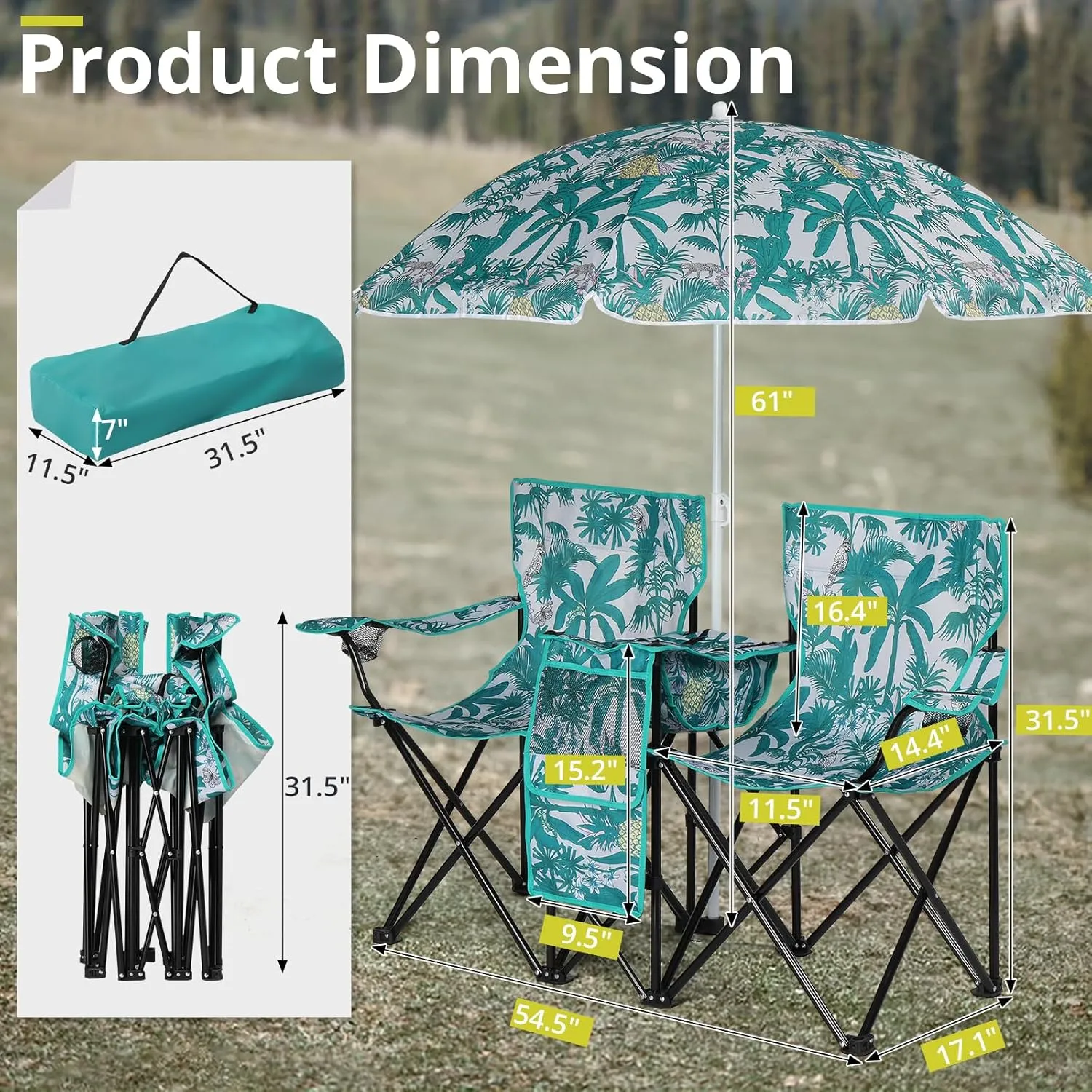 Outvita Folding Double Camping Chair w/Umbrella Beverage Holder Carrying Bag Cooler Fold Up Table, Large Bearing Capacity for Beach Patio Pool Park Outdoor Coconut Tree Pattern