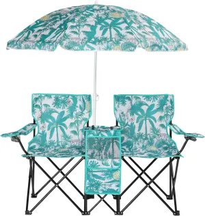 Outvita Folding Double Camping Chair w/Umbrella Beverage Holder Carrying Bag Cooler Fold Up Table, Large Bearing Capacity for Beach Patio Pool Park Outdoor Coconut Tree Pattern