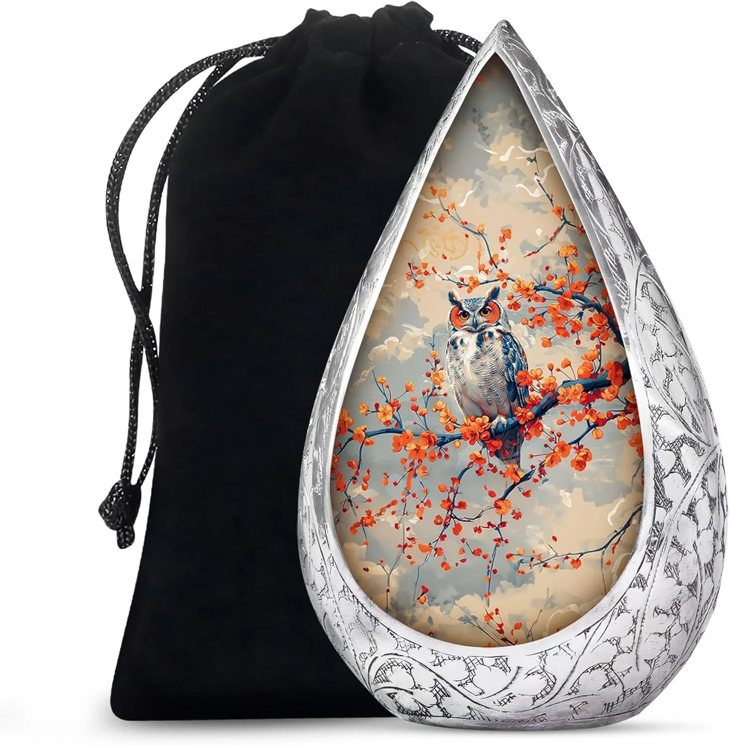 Owl Cremation Urns for Adult Ashes Women and Men - Orange Flowers Funeral Urns for Human Ashes Adult for Burial and Memorial - Drop Large Urn with Velvet Bag, 10 Inch