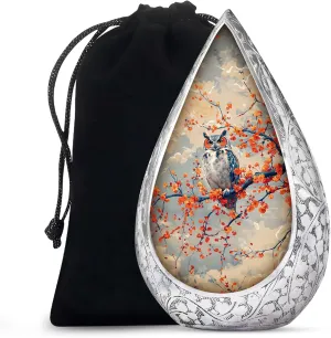 Owl Cremation Urns for Adult Ashes Women and Men - Orange Flowers Funeral Urns for Human Ashes Adult for Burial and Memorial - Drop Large Urn with Velvet Bag, 10 Inch