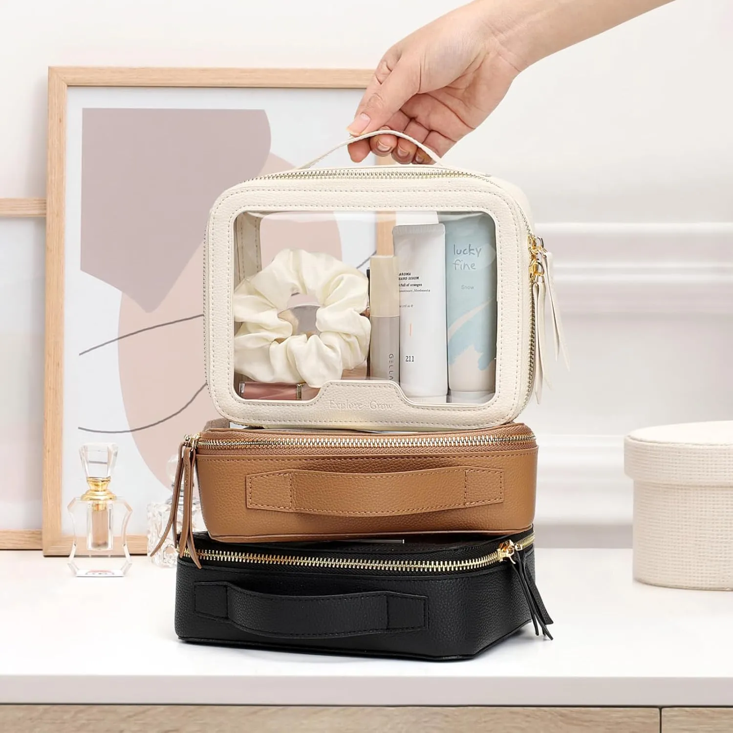 PACKISM Medium Clear Makeup Bag - PU Leather Clear Travel Bags for Toiletries Car Bag for Essentials, with Message Card Cosmetic Bags Makeup Case for Women Gift (Cream Medium)