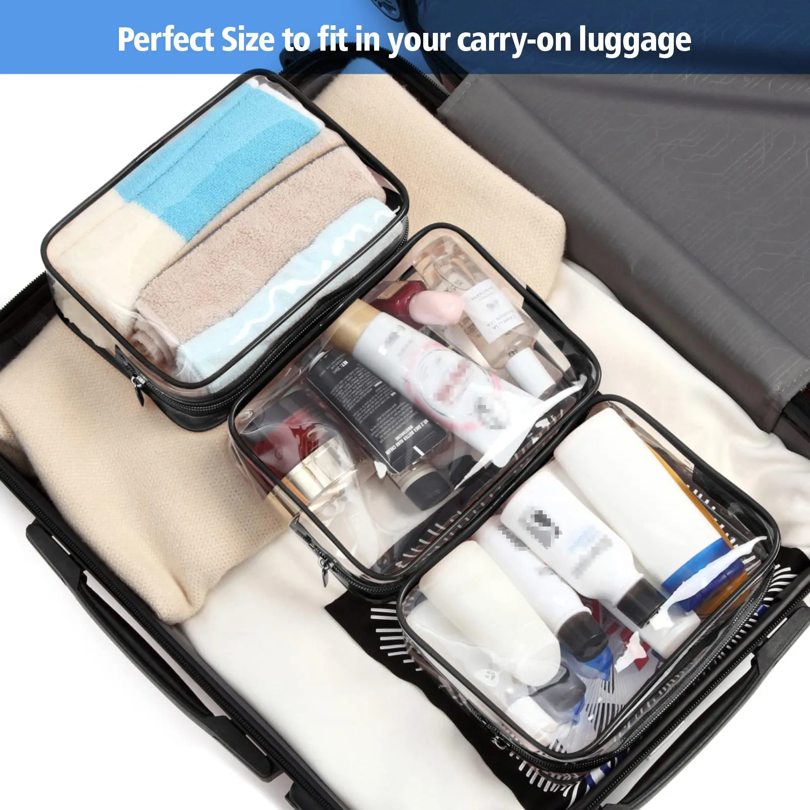 PACKISM TSA Approved Toiletry Bag - Clear Makeup Bags in 2 Size, Durable with Supporting Frame, Perfect for Travel Essentials, Carry-on Airport Airline Compliant Bag, Black