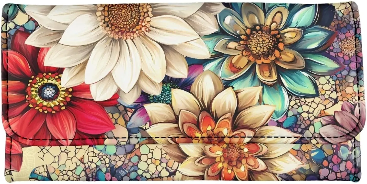 Painting Mandala Flowers Wallets for Women Slim Clutch Purse Handbag Card Holder Money Organizer, Boho Indian Floral Leather Billfold Wallet with Zipper Pocket