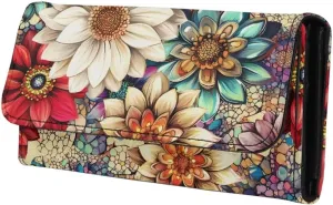 Painting Mandala Flowers Wallets for Women Slim Clutch Purse Handbag Card Holder Money Organizer, Boho Indian Floral Leather Billfold Wallet with Zipper Pocket