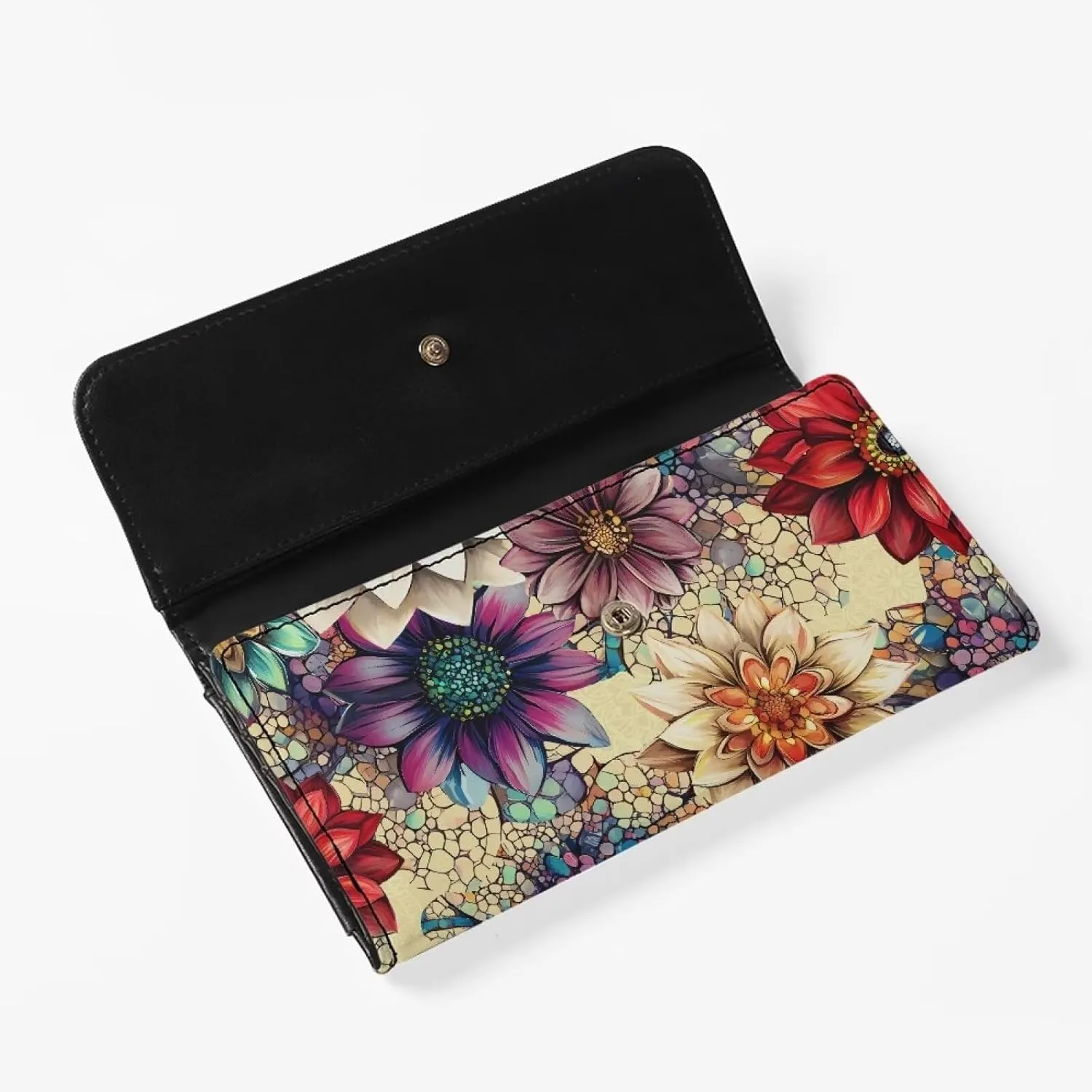 Painting Mandala Flowers Wallets for Women Slim Clutch Purse Handbag Card Holder Money Organizer, Boho Indian Floral Leather Billfold Wallet with Zipper Pocket