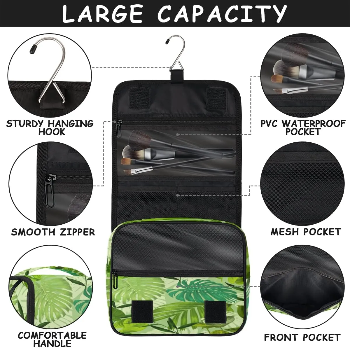 Palm Leaf Toiletry Bag for Women Men with Hanging Hook Tropical Plant Travel Cosmetic Bag Makeup Case Shaving Bag Organizer Pouch Bathroom Shower Toiletries Accessories