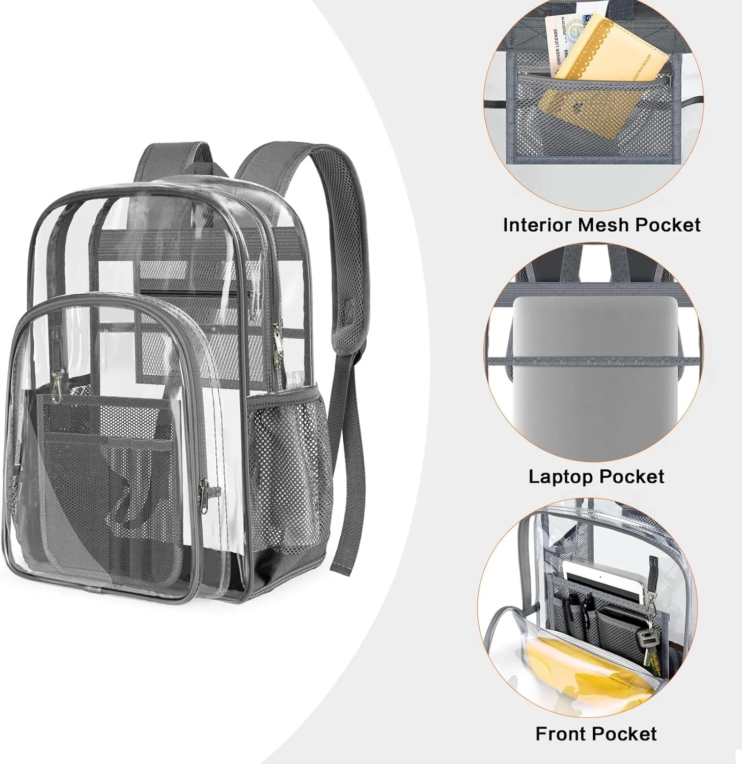 PAMANO Clear Backpack Transparent Heavy Duty See Through Bag for College Work Travel Security, Gray