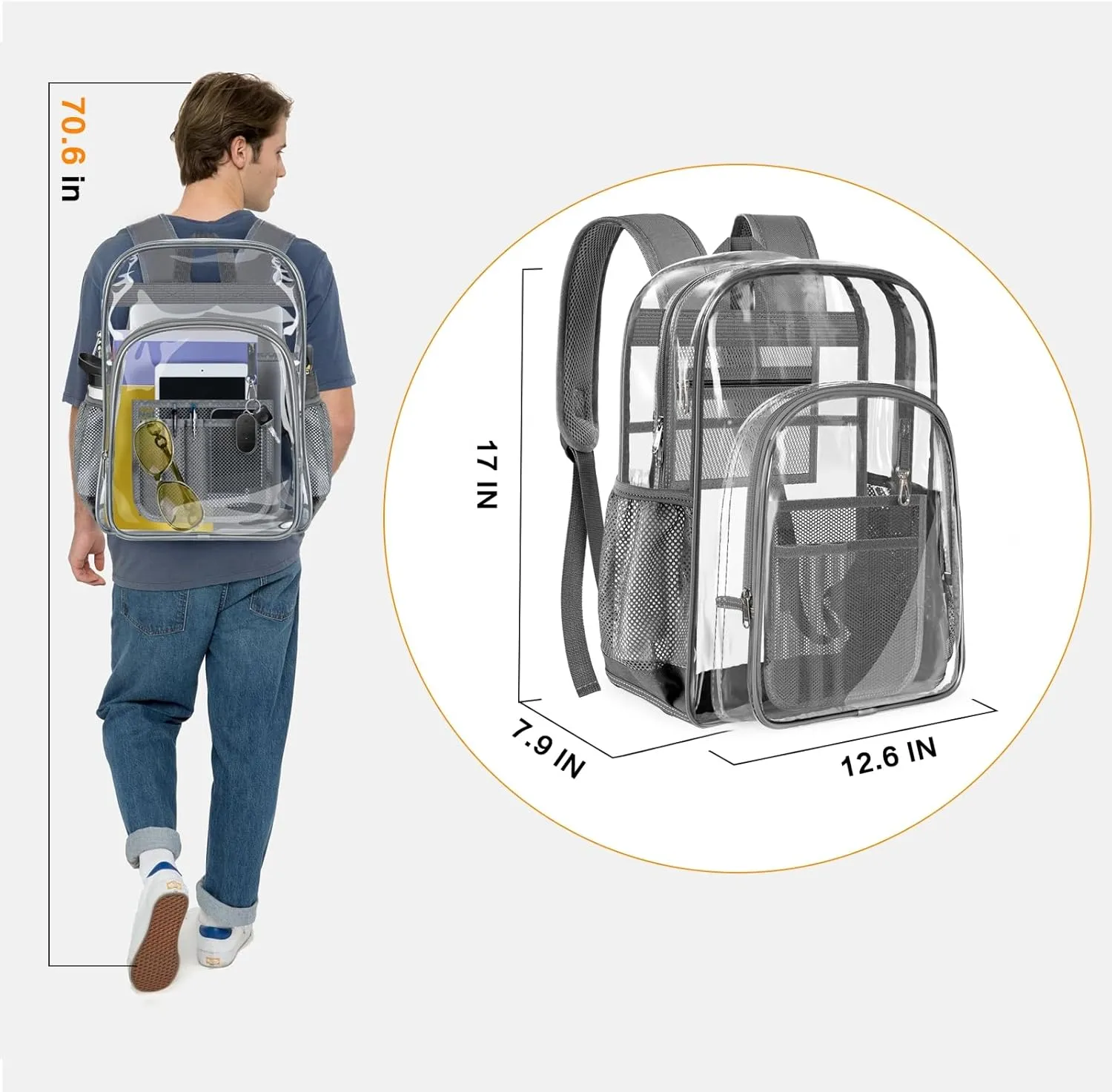 PAMANO Clear Backpack Transparent Heavy Duty See Through Bag for College Work Travel Security, Gray