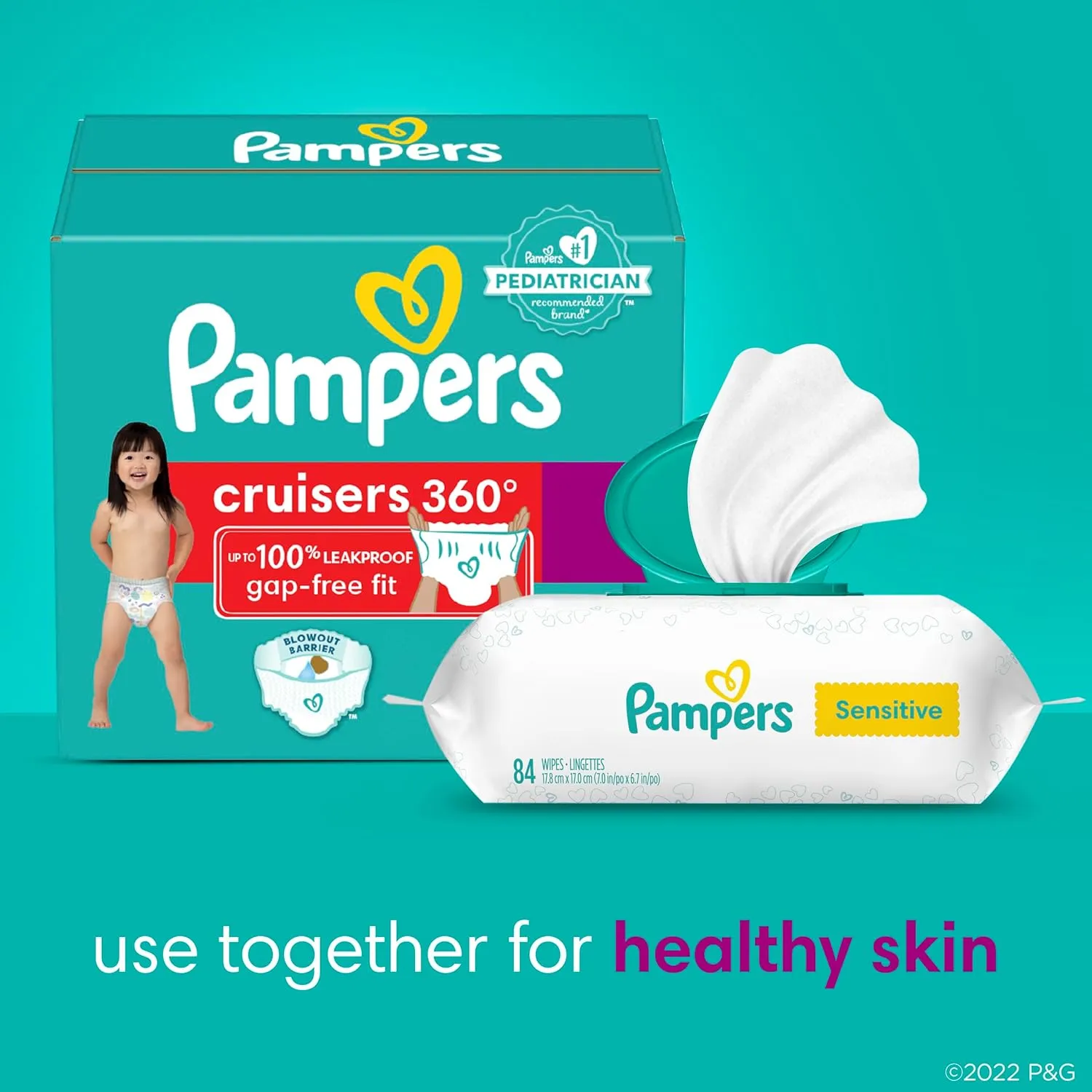 Pampers Pull On Cruisers 360° Fit Disposable Baby Diapers Size 5, 2 Months Supply (2 x 128 Count) with Sensitive Water Based Baby Wipes 12X Multi Pack Pop-Top and Refill (1008 Count)