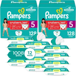 Pampers Pull On Cruisers 360° Fit Disposable Baby Diapers Size 5, 2 Months Supply (2 x 128 Count) with Sensitive Water Based Baby Wipes 12X Multi Pack Pop-Top and Refill (1008 Count)