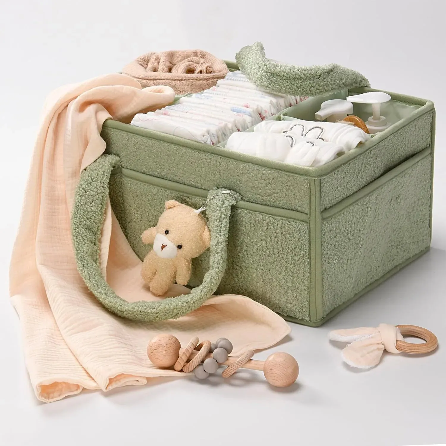 PANGDUBE Plush Diaper Stackers & Caddies Diaper Bag with Teddy Bear Caddy Organizer Nursery Baby Diaper Organizer Baby Nappy Bag
