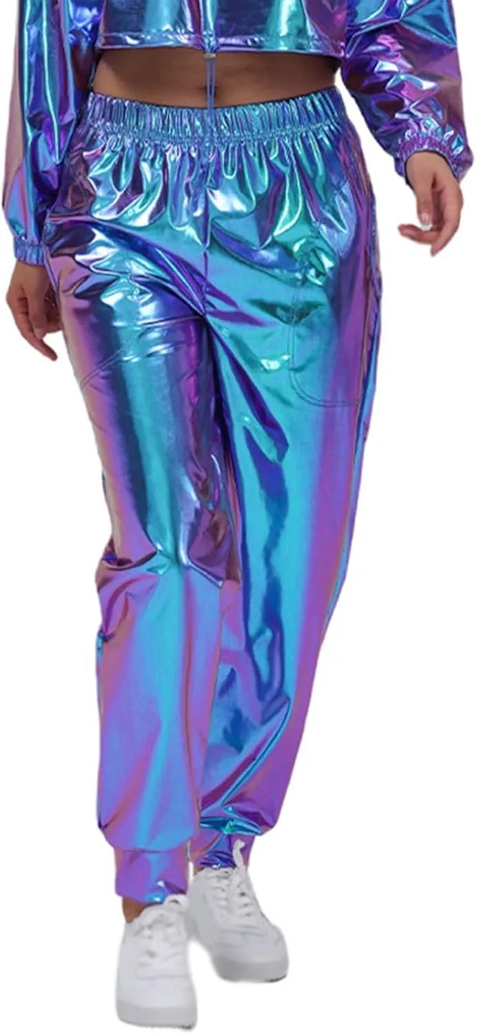 Pants for Women Shiny Metallic Summer Loose Slacks Trendy Hip Hop Dance Elastic High Waist Casual Ankle Trousers