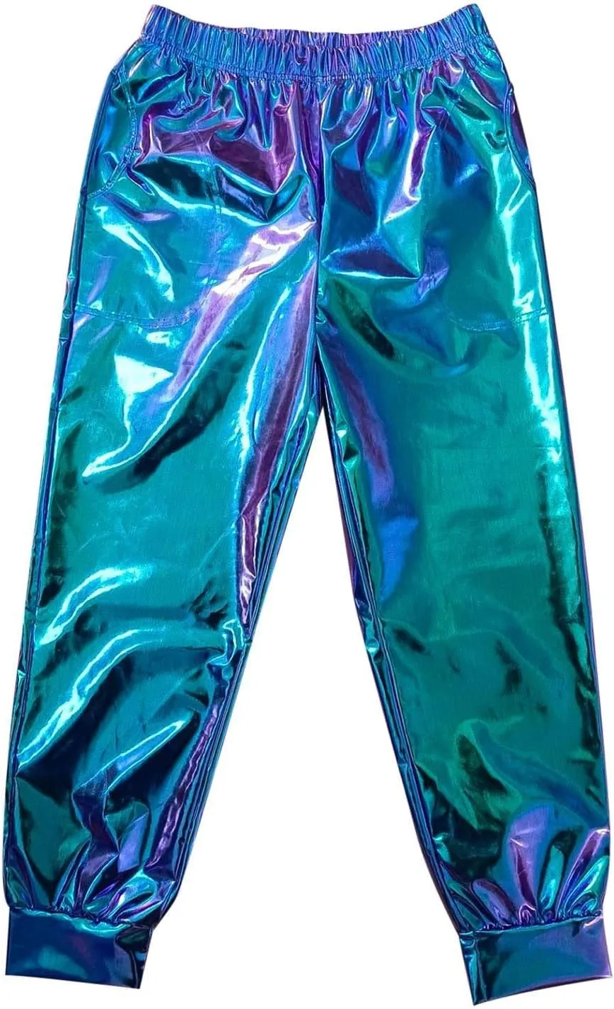 Pants for Women Shiny Metallic Summer Loose Slacks Trendy Hip Hop Dance Elastic High Waist Casual Ankle Trousers