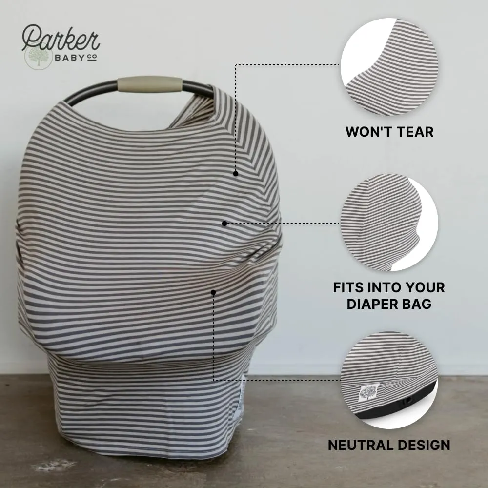 Parker Baby 4 in 1 Car Seat Cover for Girls and Boys - Stretchy Carseat Canopy, Nursing Cover, Grocery Cart Cover, High Chair Cover - “Pewter/Snow Stripes”
