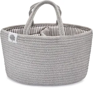 Parker Baby Rope Diaper Caddy Organizer - Nursery Storage Bin and Car Organizer for Diapers and Baby Wipes - Diaper Organizer for Baby Essentials, Baby Shower Gifts - Gray