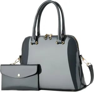 Patent Leather Handbags Shiny Shoulder Bag Elegant Top-handle Purse Come with MINI Clutch for Women