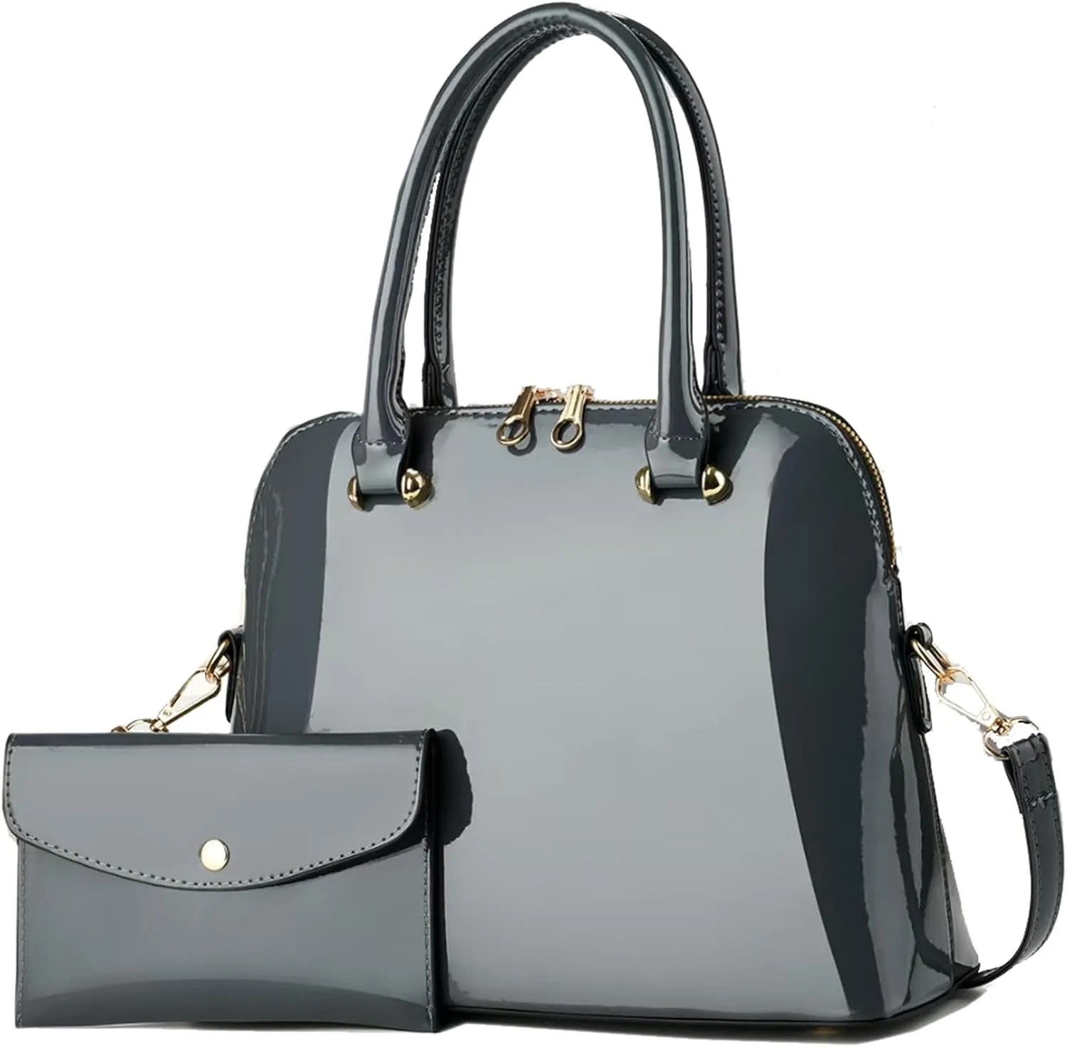 Patent Leather Handbags Shiny Shoulder Bag Elegant Top-handle Purse Come with MINI Clutch for Women