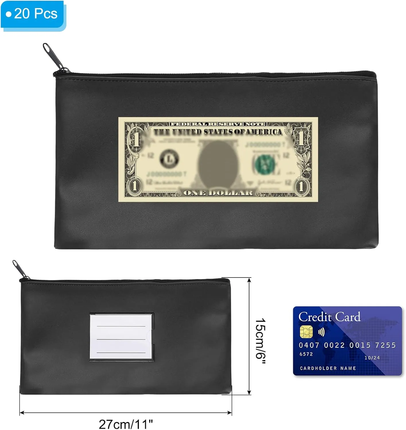 PATIKIL 11x6" Money Bank Deposit Bag with Zipper, 20 Pcs Leatherette Coin Check Wallet Pen Pouch Bag with Clear Window for Office Travel, Black