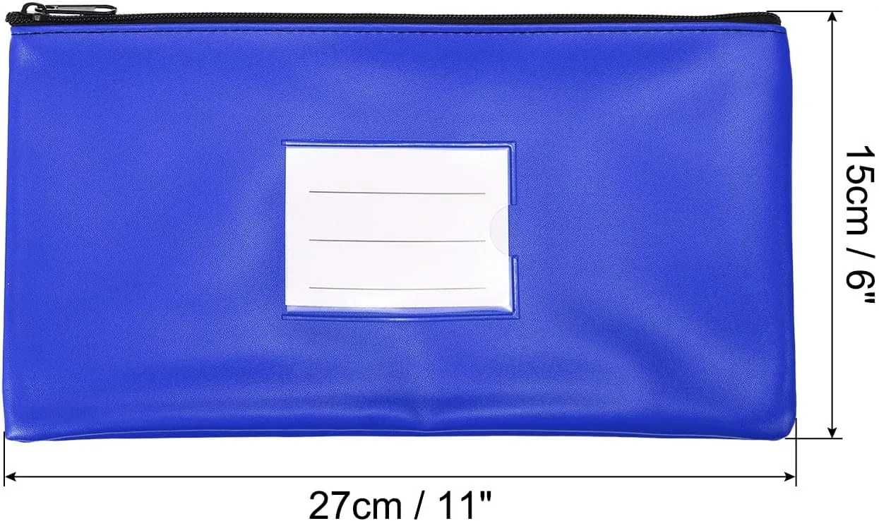 PATIKIL 11x6" Money Bank Deposit Bag with Zipper, 3 Pack Leatherette Cash Coin Check Wallet Pen Pouch Bag with Clear Window for Office Travel, Blue
