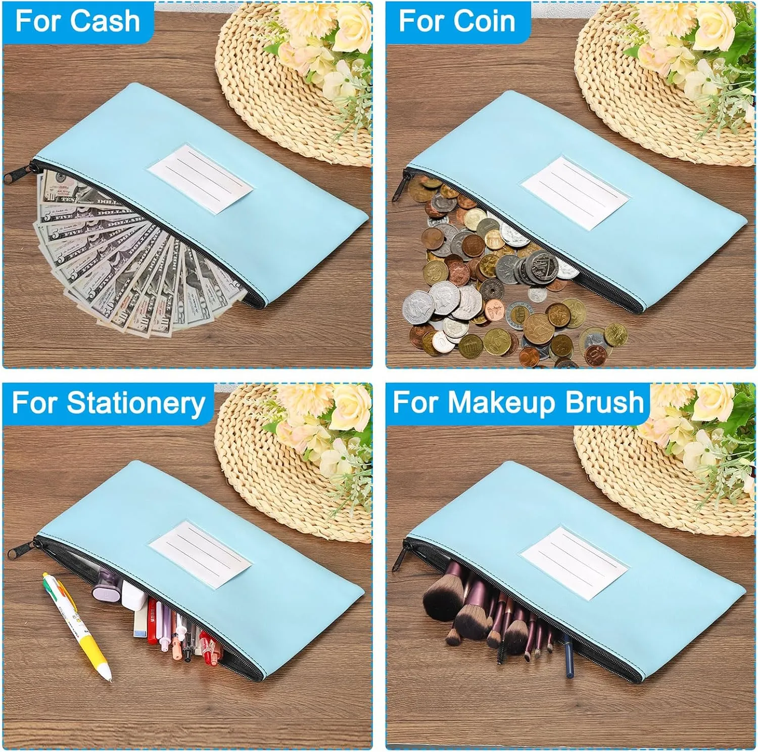 PATIKIL 11x6" Money Bank Deposit Bag with Zipper, 3 Pack Leatherette Cash Coin Check Wallet Pen Pouch Bag with Clear Window for Office Travel, Blue