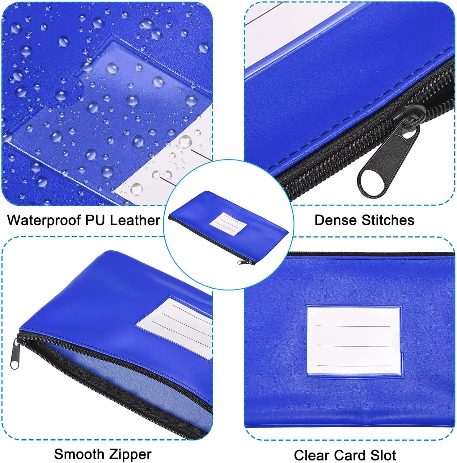 PATIKIL 11x6" Money Bank Deposit Bag with Zipper, 3 Pack Leatherette Cash Coin Check Wallet Pen Pouch Bag with Clear Window for Office Travel, Blue