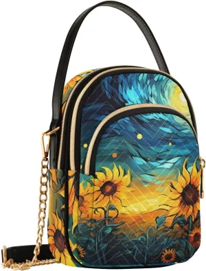 Pattern Van Gogh Sunflowers Crossbody Shoulder Bags for Women, Compact Fashion Sling Bag with Chain Strap Top handle for Evening Party Dating Travel