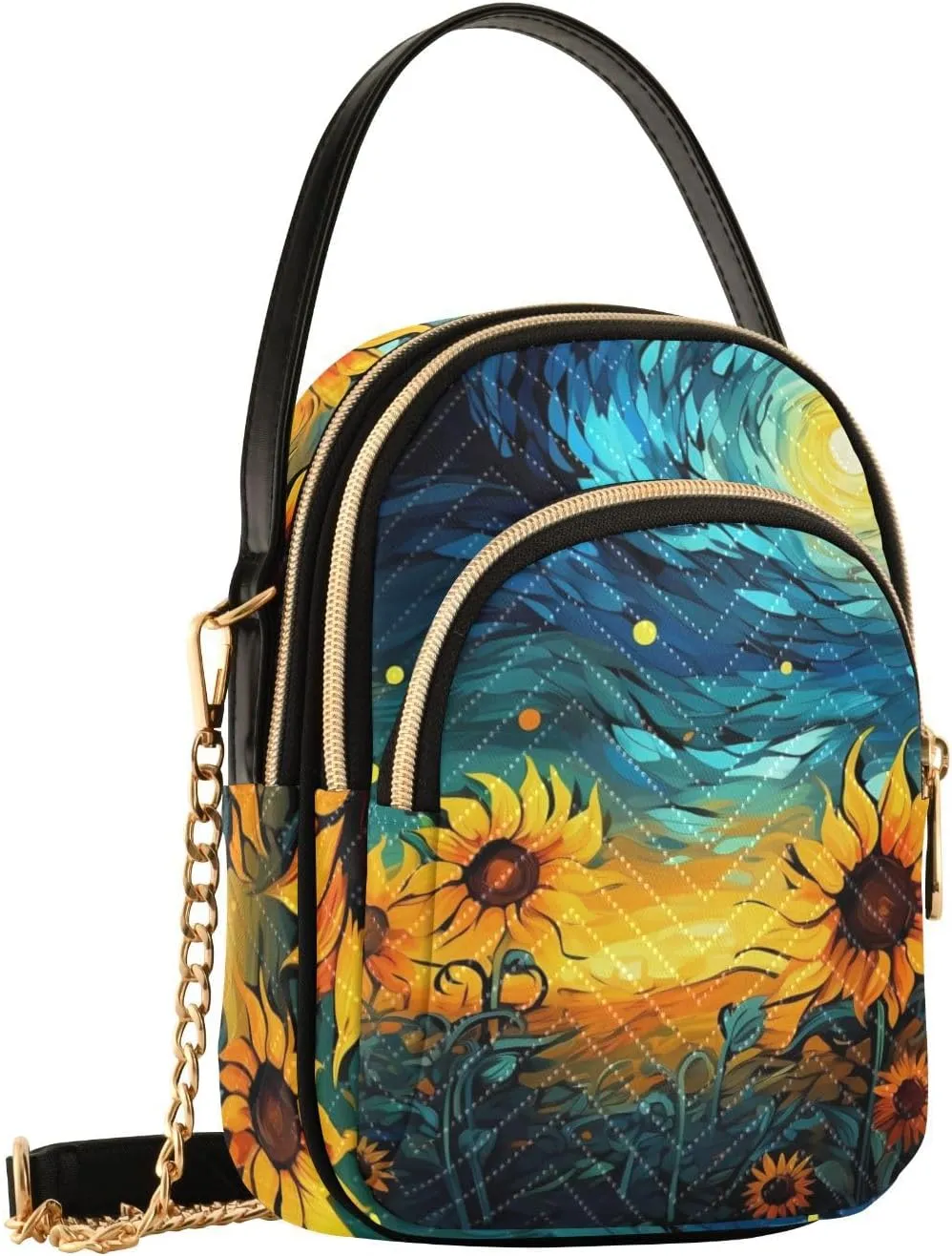 Pattern Van Gogh Sunflowers Crossbody Shoulder Bags for Women, Compact Fashion Sling Bag with Chain Strap Top handle for Evening Party Dating Travel