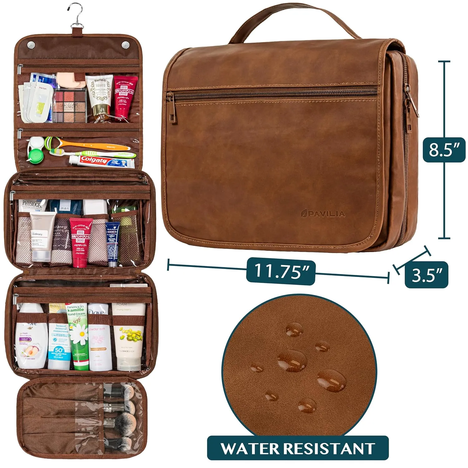 PAVILIA Hanging Toiletry Bag Women Men, Foldable Cosmetic Organizer Travel Bag, Water Resistant Makeup Bag Toiletries, Large Travel Essentials Kit (Brown)
