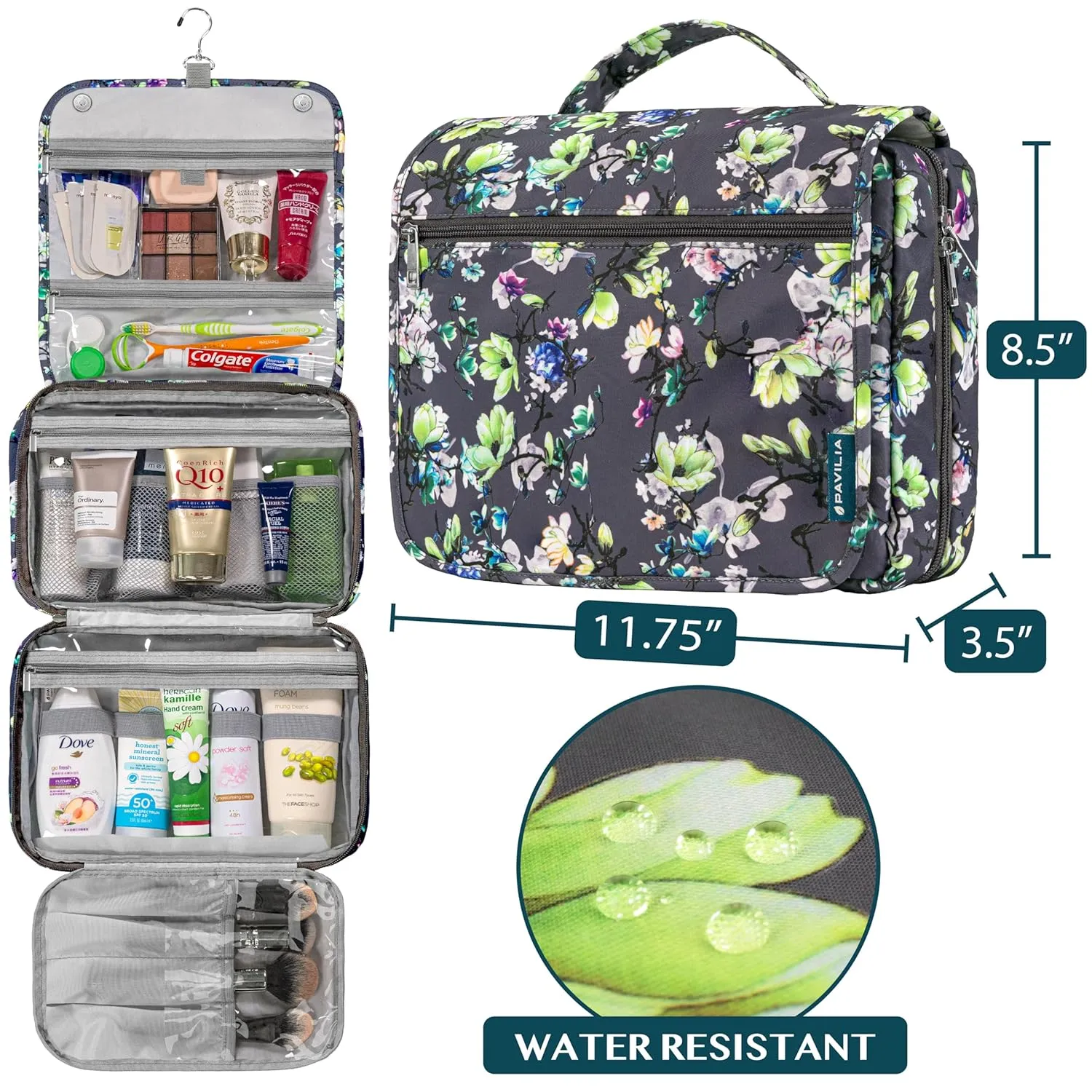 PAVILIA Hanging Toiletry Bag Women Men, Foldable Cosmetic Organizer Travel Bag, Water Resistant Makeup Bag Toiletries, Large Travel Essentials Kit (Grey Floral)